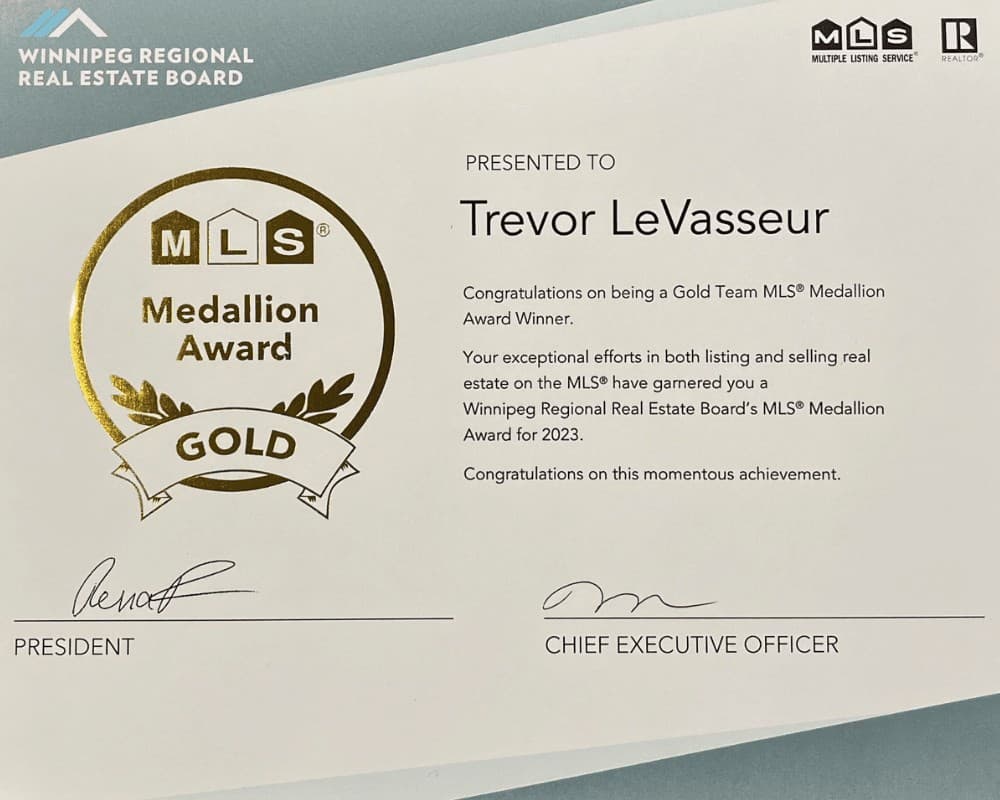 Gold MLS® Medallion Award certificate from the Winnipeg Regional Real Estate Board, presented to Trevor LeVasseur